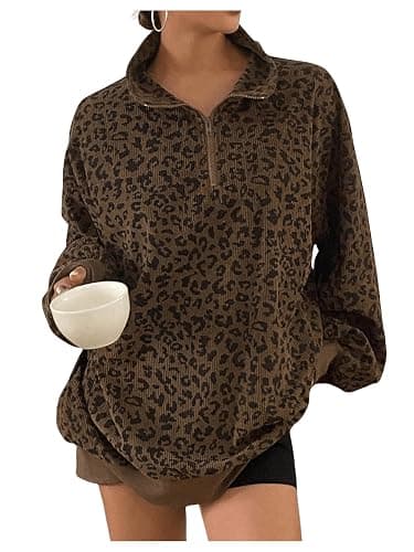 SweatyRocks Women's Leopard Print Oversized Sweatshirt Quarter Zip Collar Long Sleeve Pullover Tops thumbnail 3