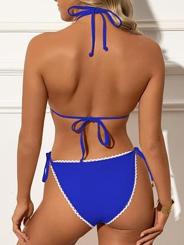 ANRABESS Women's Triangle Bikini Sets Sexy Halter String Two Piece Swimsuits Tie Lace Trim Bathing Suit Trendy Beach Swimwear thumbnail 4