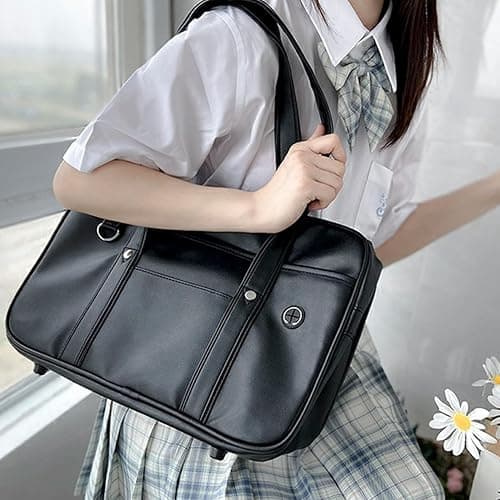 Japanese School Bag, Large Capacity PU Leather Japanese Bag with Multi-pocket, School Handbag with Headphone Cable Hole, Zipper Shoulder for Student Uniform Laptop. thumbnail 3