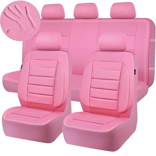 CAR PASS Pink Leather Seat Covers Full Set Universal Water Resistant 3D Foam Back Support, Luxury Comfort Automotive 5 Seat Covers All Season Fit SUV,Sedan,Van, Airbag Compatible Elegance Pink thumbnail 9