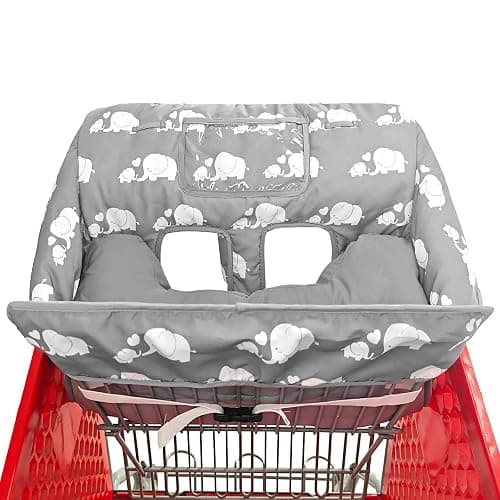 Soft Pillow Attached 2-in-1 Shopping Cart and High Chair Cover for Baby, Cotton Padded Cart Cover, Fold'n Roll Style, Portable with Carry Bag (Gray Elephant) thumbnail 2
