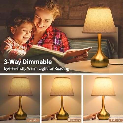 ONEWISH Touch Table Lamp for Bedroom, 3-Way Dimmable Gold Bedside Lamps for Nightstand with Fabric Shade, Desk Lamp for Kids Reading, Home Office thumbnail 2