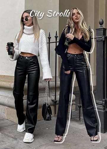 Navneet Women Faux Leather Pants PU High Waist Straight Leg Pant with Pockets Leather Leggings Bell Bottom Flare Pants thumbnail 2