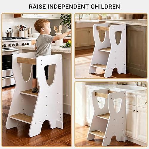 COSYLAND Toddler Standing Tower - Adjustable Height Toddler Kitchen Stool Helper - Kids Kitchen Step Stool for Learning with Handle White & Natural thumbnail 9