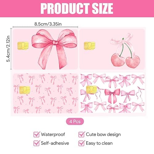UzYlquw 4PCS Credit Card Sticker Cover Set, Credit Card Skin for Debit Cards, Cute Bow Elegant Waterproof PVC Anti-Wrinkling ID Cover Anti-wrinkling for Transportation Key Fun Gift Idea for (Pink) thumbnail 2