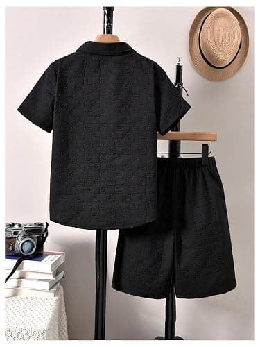 RoseSeek Boy's 2 Piece Beach Vacation Textured Linen Outfit Short Sleeve Button Down Shirt Top and Shorts Summer Set thumbnail 2