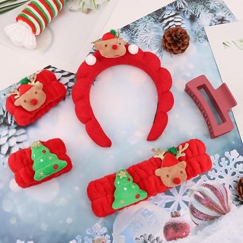 AMCAMI Christmas Makeup Headband Wristband Set with Hair Clips,Headband for Washing Face, Skincare,Spa,Christmas Hair Accessories Gifts, Stocking Stuffers thumbnail 7