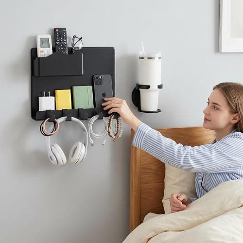Bedside Wall Shelf for Teen Girls Boys Dorm Room Essentials Bunk Bed Stuff | Adhesive Floating Shelves with Flexible Cup Holder, Guys Room Decor Aesthetic Stick Bedroom Accessories Organizer thumbnail 2