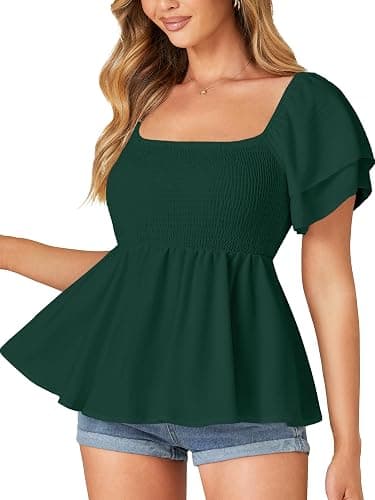 LYANER Women's Square Neck Casual Peplum Top | Summer Ruffle Smocked Short Sleeve Ruched Flowy Babydoll Dressy Blouse Shirts thumbnail 3