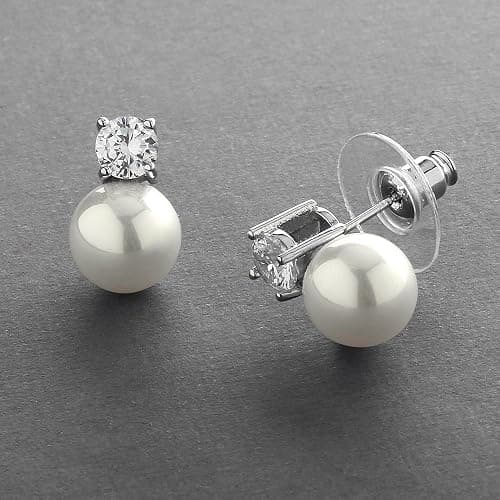 Mariell White Pearl Bridal Earrings with Cubic Zirconia Crystal Top, 9mm White Pearl Stud Earring, Perfect for Brides, Bridesmaids, Wedding Party and Everyday Wear thumbnail 3