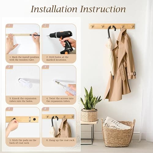 HOMEBROS Coat Rack Wall Mount, Wooden Coat Hanger with 5 Hooks, Heavy Duty, Natural, 1 Pcs thumbnail 7