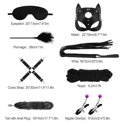 Rbenxia 12 PCS Sex Bondage BDSM Restraints Kits Fetish Handcuffs Ankle Cuff Collar Blindfold Whip Rope Nipple Clamps Ball Gag Mask Tail with Anal Adult Games Foreplay Sexy Toys for Couples (Black） thumbnail 2