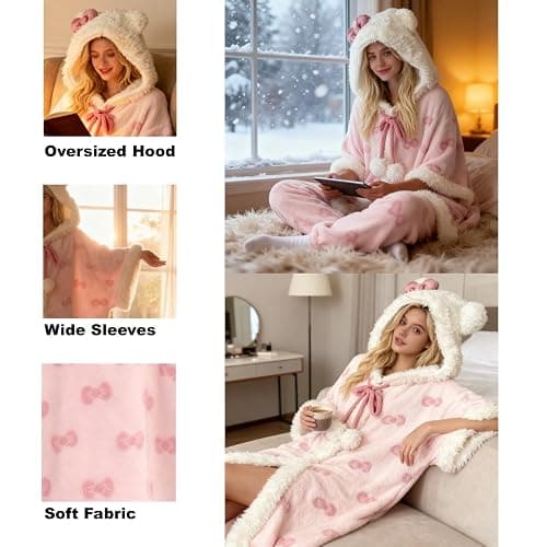 CHERSE Cute Cartoon Winter Hooded Nightgown Pajama Set Robe Snuggie Wearable Blanket Hoodie for Women Pink Bow thumbnail 3