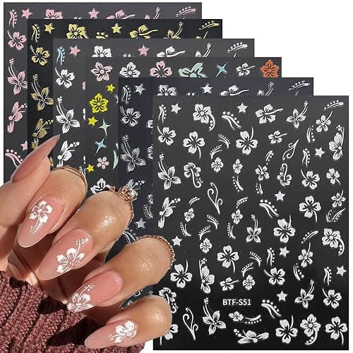 6Sheets Hibiscus Flower Nail Stickers White Pink Nail Decals Elegant Floral Petal Wavy Line Strip Tropical Leaf Designs French Tip Sticker for Women Nail Supplies Spring Nail Decorations Accessories - Image 1