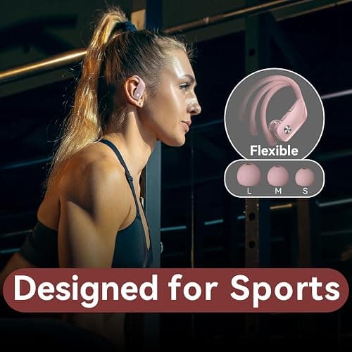 bmani Ear Buds Wireless Earbuds Bluetooth Headphones with 80H Playtime LED Display Case, Over-Ear Hook with Mic, Stereo Sound, Easy Button Controls, Sports Earphones for Running Workout Gym Pink thumbnail 6