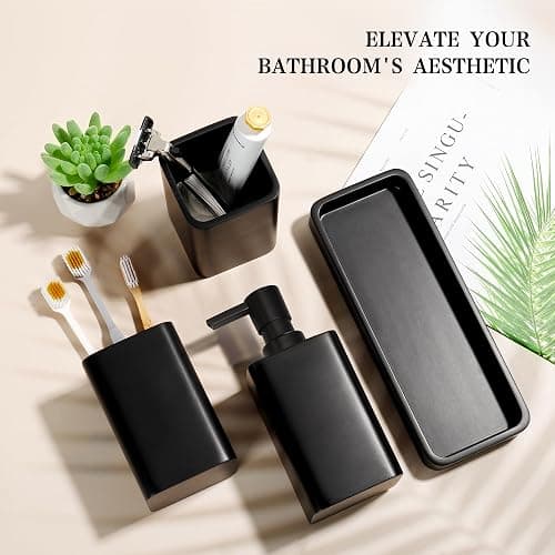 YMXYJM Bathroom Accessories Set, 4 Pcs Bathroom Accessory Set, Soap Dispenser, Toothbrush Holder, Qtip Holder Set, Bathroom Sets Complete, Bathroom Sink Set for Modern Home,Matte Black thumbnail 5