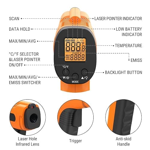 ThermoPro TP30 Infrared Thermometer Gun, Laser Thermometer for Cooking, Pizza Oven, Griddle, Engine, HVAC, Laser Temperature Gun with Adjustable Emissivity & Max Measure -58°F ~1022°F (Not for Human) thumbnail 9