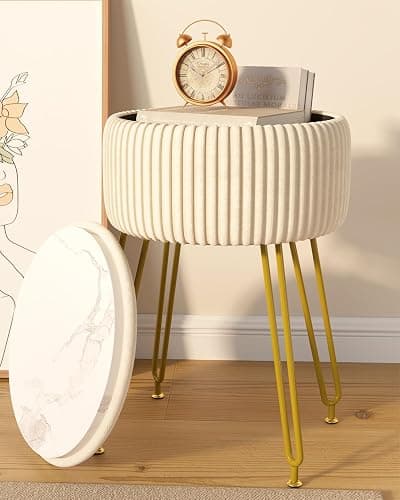 IBUYKE Velvet Storage Footrest Stool Ottoman, Makeup Vanity Stool Side Table with Golden Steel Legs Removable Cover, Coffee Table Top Cover, Creamy-White LG-20M thumbnail 2