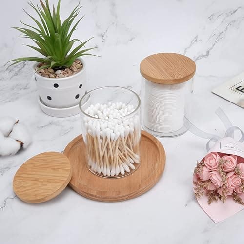 BKYFPQ 2 Pack Glass Qtip Holder Dispenser for Cotton Ball,Swab,Pads,Floss | Apothecary Jars with Lids,Vanity Makeup Organizer and Bathroom Canister Storage Organizer thumbnail 2