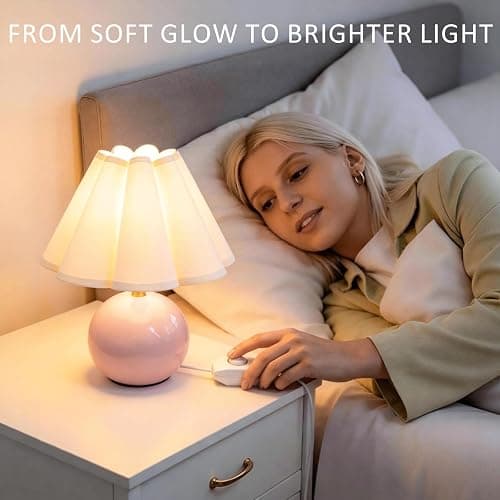 Komothala Small Bedside Table Lamp, Ceramic Stepless Dimmable Lamp with Scalloped Fabric Shade,Decorative Accent Light for Nightstand, Living Room, Console or Kids Dorm,Pink (E26 LED Bulb Included) thumbnail 6