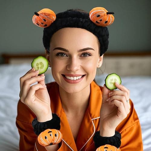 FlyingMage Kawaii Spa Headband and Wristband Set for Women Girls, Cute Halloween Skincare Headbands for Face Washing, Fluffy Makeup Headband for Washing Face, Bath, Shower and Beauty, Black Pumpkin thumbnail 6