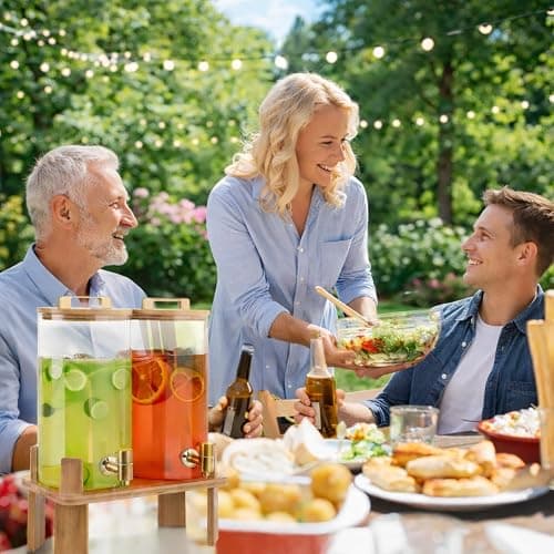 1.5 Gallon 2PCS Glass Drink Dispenser for Parties,Beverage Dispenser with Wooden Stand, Lemonade Dispenser,Juice Containers & Water Pitcher with Lid for Lemonade, Iced Tea and Party Drinks thumbnail 2