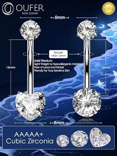 OUFER Titanium Belly Button Rings, Long Belly Piercing Jewelry, Clear CZ Belly Rings, Internally Thread Navel Piercing Jewelry For Women Men thumbnail 6