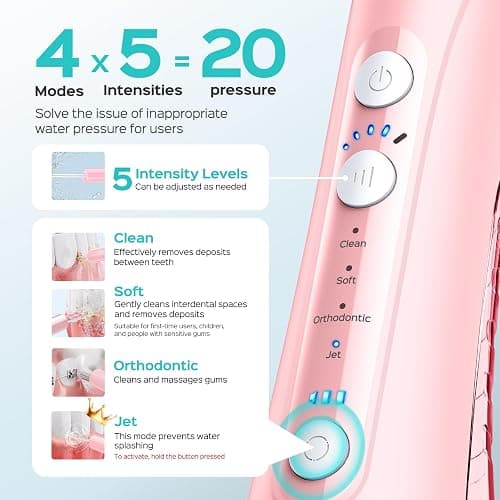 COSLUS ADA Accepted C50 Water Dental Flosser, 4 Modes 5 Power Levels, Pink | Professional Water Teeth Pick for Braces, Orthodontics & Sensitive Gums, Compact Cordless for Family Home Travel thumbnail 4
