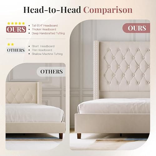 PaPaJet Queen Size Bed Frame with 61.4" Tall Headboard, Velvet Modern Upholstered Tufted Bed for Adults, Handmade Deep Button Tufting, Solid Wood Legs, No Box Spring Required, Cream thumbnail 4