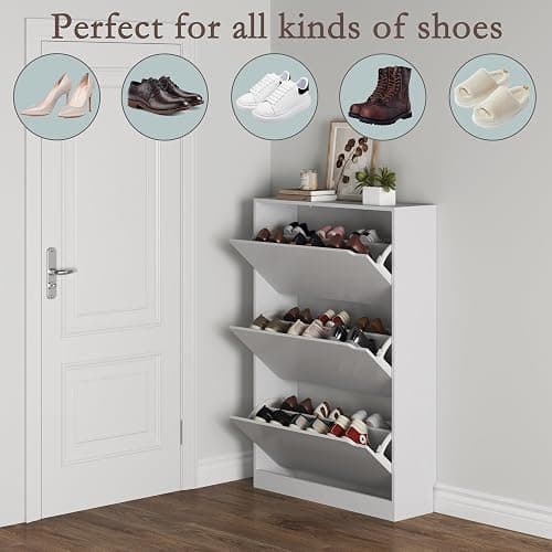 BORNOON Shoe Cabinet with 3 Flip Drawers, Hidden Wood Shoe Cabinet,Freestanding Shoe Storage Cabinet for Entryway Hallway.White. 47.2" H*31.5" W*9.45" D. thumbnail 4