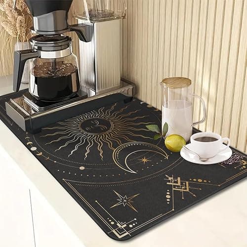 Arttown Coffee Mat for Countertops, Black Gold Sun Moon Boho Dish Drying Mat 2 Pcs for Kitchen Bar Accessories, Fit Under Coffee Maker Espresso Machine Dish Rack Hide Stain Rubber 12x19in thumbnail 2