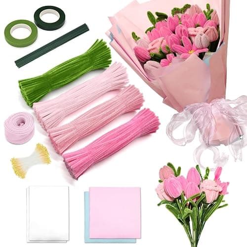 IJIAMY 400 Stück Pfeifenreiniger Blumen Set, Pfeifenputzer Blumen Zum Basteln, Mit Grüne Blumenstöcke, Klebebandrollen, Klebestifte, Anleitungen (Rosa) - Image 1