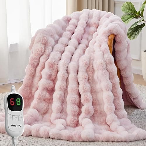 Anysay Heated Blanket Throw with 1/2/4/6/8 Hours Auto-Off 10 Heat Level, 50'' * 60'' Cozy Faux Rabbit Fur Bubble Electric Blanket with Overheat Protection(Tie-Dye Pink) - Image 1