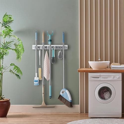 OUTNILI Mop and Broom Holder Wall Mount - White Broom Mop Hanger - Wall Mounted Garden Tool Rack Organizer for Closet Garage Laundry Room Kitchen Decor With 5 Slots & 4 Hooks thumbnail 2
