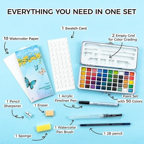 Ohuhu Watercolor Travel Paint Set, Portable Watercolor Kit for Outdoors 50-color with Watercolor Papers, Brush Pen, Acrylic Pen, Pencil and Accessories for Painting, Non-toxic Watercolors Paint for Artists Adults Beginners Kids Gift Idea thumbnail 3
