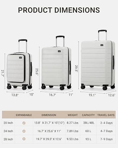 TAKUMI Suitcases with Wheels, Expandable Carry on Luggage, 3 Piece Set | Luggage Sets, Front Pocket, Hardside, Lightweight, 360° Spinner Wheels, TSA Lock, Family Business Travel, White, 20/24/28 thumbnail 9