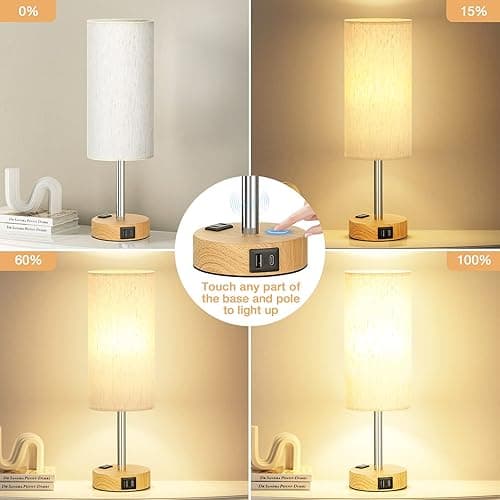 Fenmzee Bedside Table Lamp for Bedroom - 3 Way Dimmable Touch Lamp USB C Charging Ports and AC Outlet, Small Lamp Wood Base Round Flaxen Fabric Shade for Living Room, Desk, LED Bulb Included - Cream Shade-Wood Base - 14" Touch Control thumbnail 3
