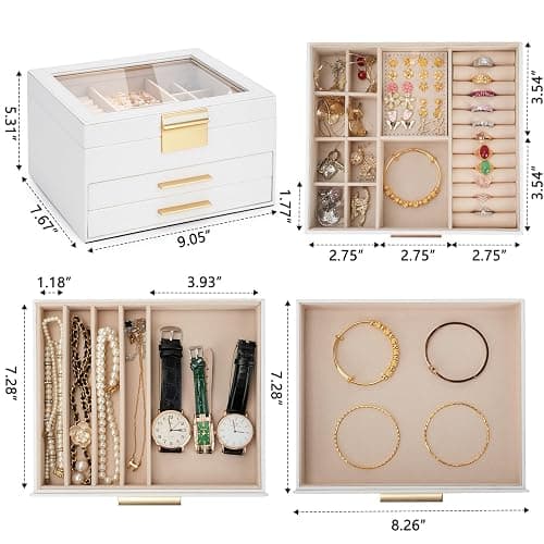 JBAOWEI 3-Layer Jewelry Box for Women, Jewelry Organizer with Glass Lid and Drawers, Jewelry Organizers and Storage for Necklaces, Rings, Earrings, Bracelets - White/Green/Black. thumbnail 3