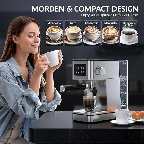QJA Espresso Machine 20 Bar, Compact Espresso Maker with Milk Frother & Touchscreen for Home, Stainless Steel Coffee Machine with 57.5oz Removable Water Tank for Cappuccino, Latte, Silver thumbnail 8
