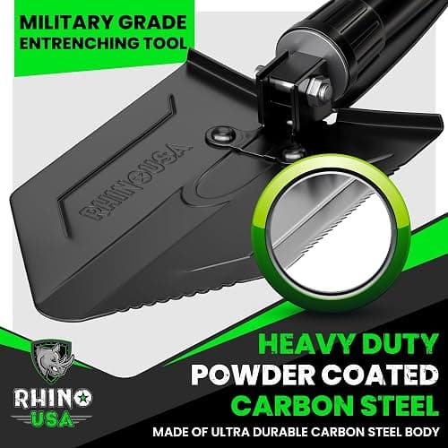 RHINO USA Folding Survival Shovel w/Pick - Heavy Duty Carbon Steel Military Style Entrenching Tool for Off Road, Camping, Gardening, Beach, Digging Dirt, Sand, Mud & Snow. thumbnail 9