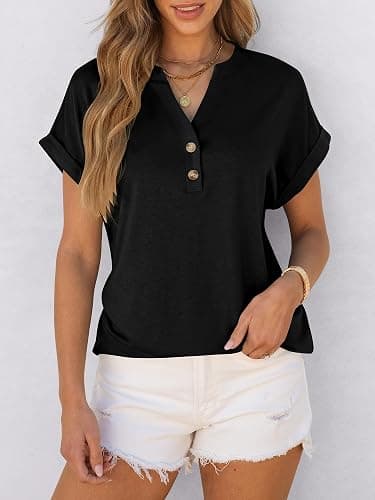 ANRABESS Womens Short Sleeve Henley Tops V Neck Dressy Casual Blouses Summer Trendy Tee Shirts 2025 Vacation Fashion Clothes thumbnail 3