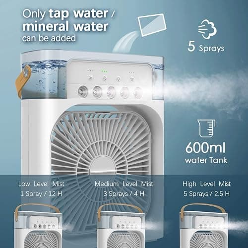 NTMY Portable Air Conditioner Fan, Mini Evaporative Air Cooler with 7 Colors LED Light, 1/2/3 H Timer, 3 Wind Speeds and 3 Spray Modes for Your Desk, Nightstand, or Coffee Table thumbnail 3