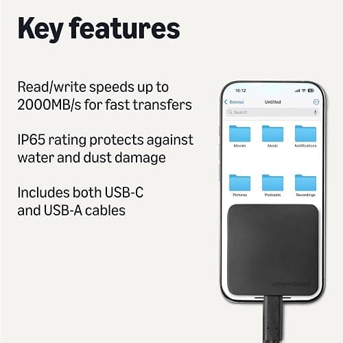 Amazon Basics Portable External SSD, 2TB, 2000MB/s Speeds, USB 3.2 Gen 2, IP65 Water & Dust Resistant, Black thumbnail 2