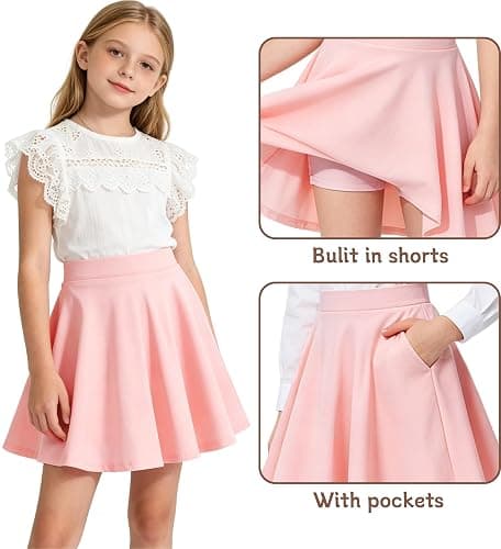 ZFZDRen 3-14Y Girl Solid Color Flared Skater Skirt with Pocket Elastic Waist A-Line Skirt for Kids Cotton Blend Casual Skirt thumbnail 3
