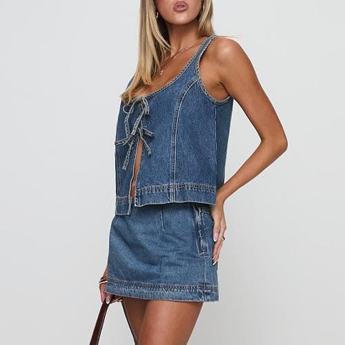 Cjfdfy Women’s Tie Front Denim Jean Vest Top and Mini Skirt 2-Piece Set Summer Trendy Going Out Outfits Clothes 2025 thumbnail 3