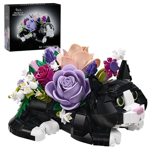 Tuxedo Cat Rose Bouquet Succulent Planter Building Blocks,Compatible with Lego Tuxedo Cat Flowers Pot,Creative Plants and Animals Decoration Rose Blocks Toys,Gifts for 18+ Girls,Mothers Day(824pcs) - Image 1