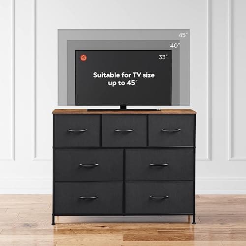 WLIVE 7 Drawer Dresser TV Stand, Entertainment Center, Media Console Table with Metal Frame and Wood Top for TV up to 45 inch, Chest of Drawers for Bedroom, Living Room, Black and Rustic Brown thumbnail 6