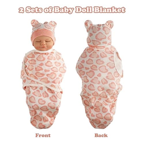 BABESIDE 4 Pcs Reborn Baby Doll Blanket with Doll Accessories Set for 17-24 Inch Babydolls, Heart Patterns Baby Doll Swaddle Blanket with Hat Gloves for Realistic Dolls Girl, Pink thumbnail 3