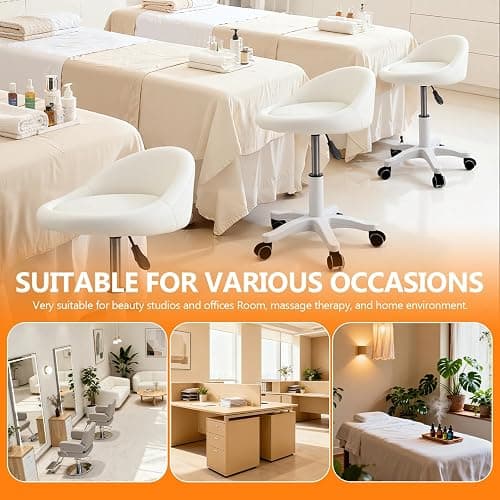 Faux Leather Round Rolling Stool Height Adjustable Swivel Salon Chair with Wheels for SPA Home Office, Ergonomic Plastic Frame Quiet Castors Beige thumbnail 7