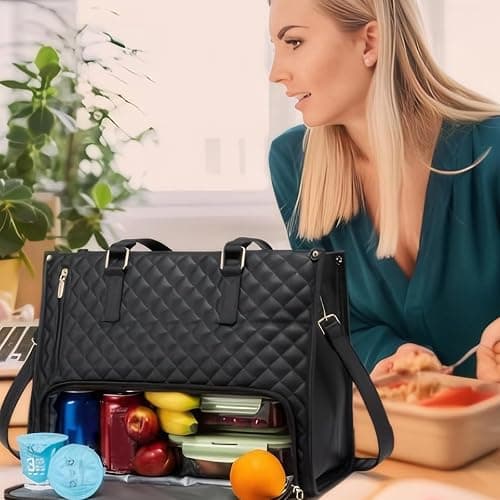CHENBOOW Lunchtasche für Frauen,Laptop-Tasche mit Isoliertem Lunchfach 15,6 Zoll,Isolierte Lunchtasche,Große Einkaufstasche mit Mittagsabteil,2-in-1 Lunch Bag Handtasche Kombination - Schwarz thumbnail 2